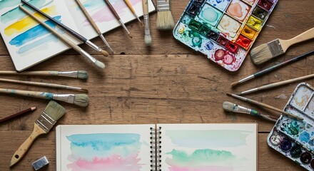Artistic Watercolor Painting Supplies on Rustic Wooden Table: Brushes, Paints, and Sketchbooks for Creative Inspiration