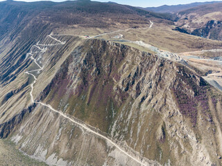 Mountain pass Katu-Yaryk. Valley of the mountain river Chulyshman. Landscape. Mountain dangerous road.