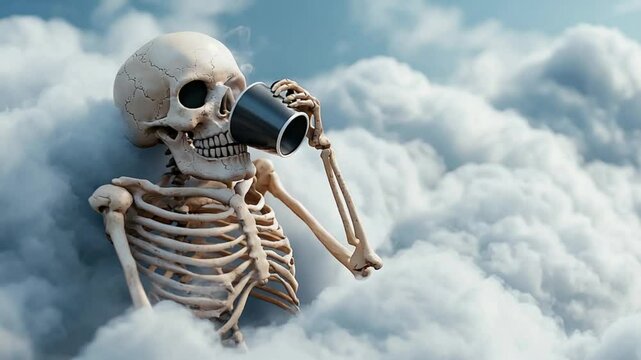A skeleton enjoying a coffee break while relaxing among fluffy clouds, evoking a whimsical scene