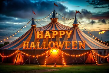 Illuminated Halloween circus tent at dusk, featuring 'Happy Halloween' sign