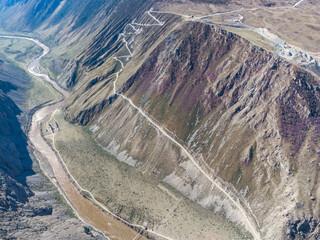 Mountain pass Katu-Yaryk. Valley of the mountain river Chulyshman. Landscape. Mountain dangerous road.