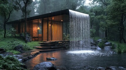 Fototapeta premium Modern cabin, waterfall, tranquil forest