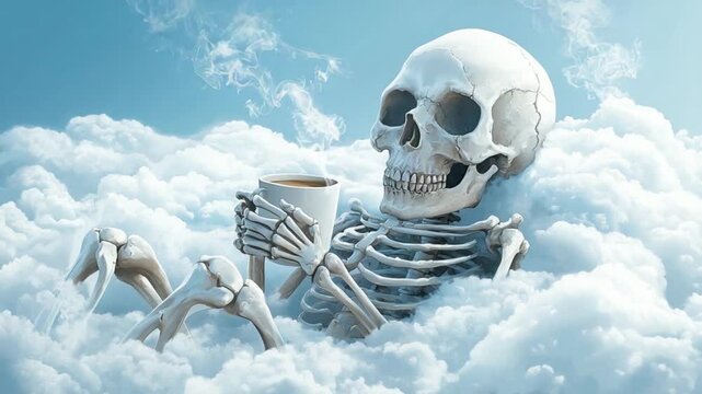 A whimsical skeleton relaxing in fluffy clouds while sipping a hot beverage, evoking tranquility
