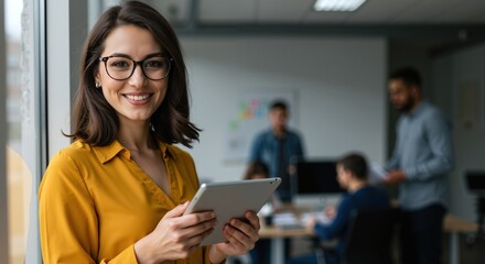 Smiling businesswoman with glasses holding tablet in modern office environment. Professional female wearing yellow shirt with colleagues working background. Corporate teamwork concept