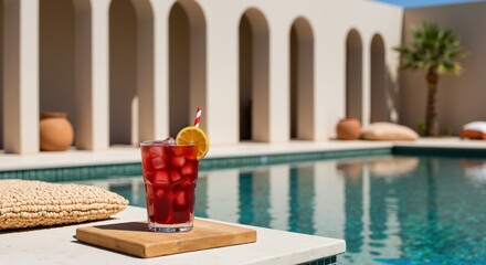 Red cocktail drink with ice cubes and orange slice garnish on wooden board near swimming pool. Refreshing summer beverage at luxury resort setting
