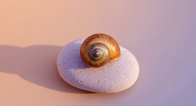 Golden snail shell on smooth stone with purple gradient background. Natural spiral pattern and zen composition. Mindfulness meditation and slow living concept - Powered by Adobe