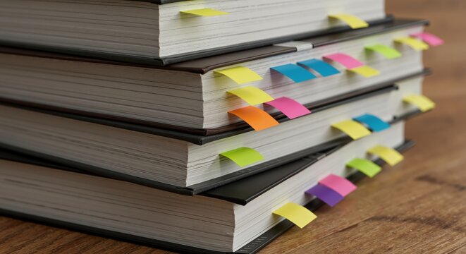 Stack of books with colorful sticky notes bookmarks on wooden surface. Educational study materials with organization tabs for learning and research concept