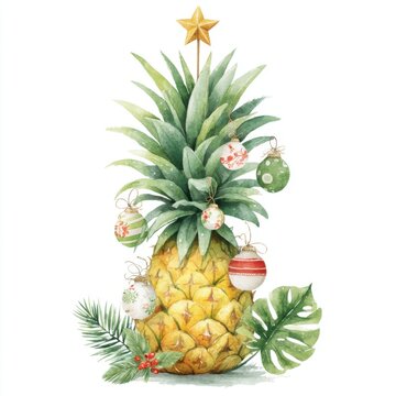 Festive Holiday Pineapple Tree with Golden Star and Painted Baubles