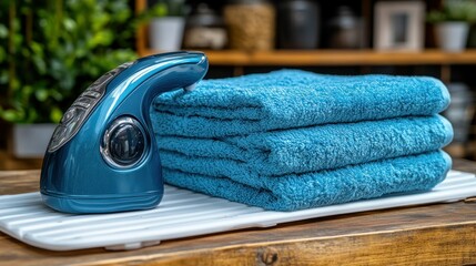 Teal handheld steamer beside stacked towels on white tray