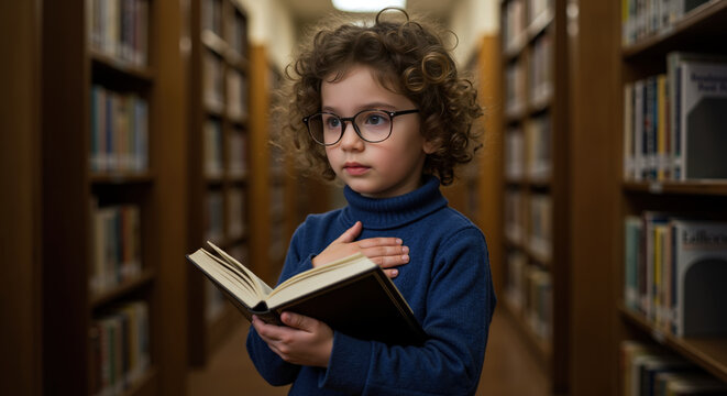 Cute child with curly hair and glasses holding open book in library surrounded by bookshelves. Young student reading and learning. Education concept