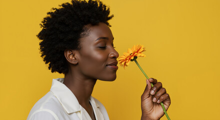 Beautiful African American woman smelling orange flower against yellow background. Natural beauty portrait with peaceful expression and floral fragrance. Aromatherapy wellness concept