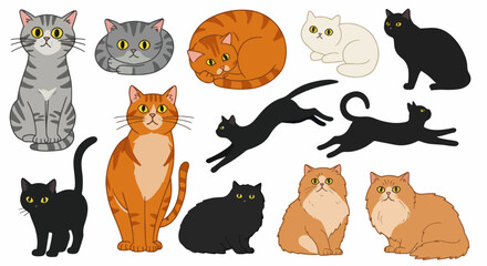 Obraz premium Adorable cats collection. Cute domestic cats of different breeds and colors. Illustration with playful kittens and relaxing cats perfect for pet shops, animal shelters, and veterinary clinics.