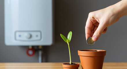 Hand dropping coin into terracotta pot with green plant seedling growing near white boiler background. Investment growth and energy savings concept for financial planning