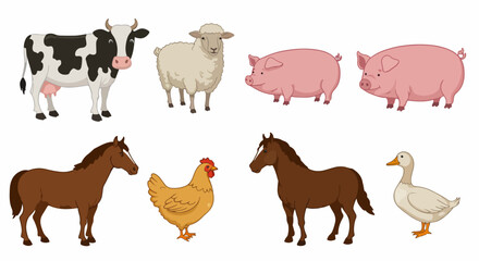 Fototapeta premium Farm animals illustration featuring cow, sheep, pig, horse, chicken, and duck. This colorful image showcases common livestock animals perfect for children's books, educational materials,