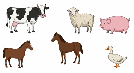 Farm animals illustration featuring cow, sheep, pig, horse, foal, and duck.  Cute farm animals ideal for children's books, educational materials, or greeting cards.