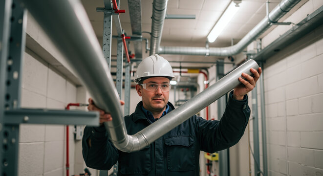 HVAC technician in white hard hat examining large heating pipes in industrial basement. Professional maintenance worker inspecting commercial heating system infrastructure
