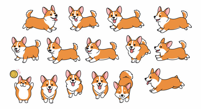 Adorable corgi dog, _Canis familiaris_, in various playful poses. Corgi puppy shows different actions: running, jumping, playing with ball. This corgi image is perfect for pet blogs, children's books,