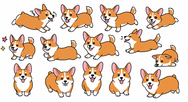 Adorable Pembroke Welsh Corgi dog illustrations set. Collection of cute corgi poses perfect for pet lovers and dog owners.  Corgi illustrations for greeting cards, stickers, and social media.