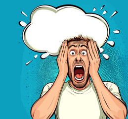 The concept of a shocked man is portrayed through an emotional blend of panic, horror, and stress in a modern pop art retro comic illustration