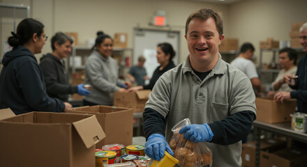 Happy man in gray polo shirt volunteering at food bank sorting donations with team members. Smiling volunteer organizing charitable supplies in warehouse. Community service concept