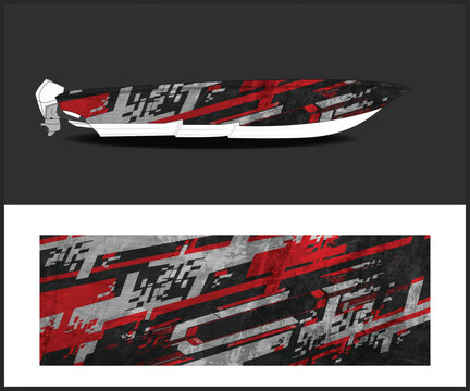 Boat Wrap Design with Abstract Red and Gray Geometric Pattern on Black Background