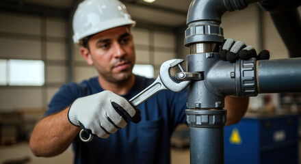 Professional plumber in white hard hat working on industrial pipes with wrench in mechanical room. Skilled technician maintaining heating system infrastructure