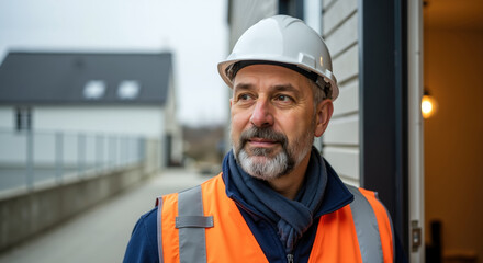 Construction worker in white hard hat and orange safety vest smiling outdoors at building site. Professional contractor portrait with confident expression