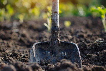 Gardening shovel in the soil 