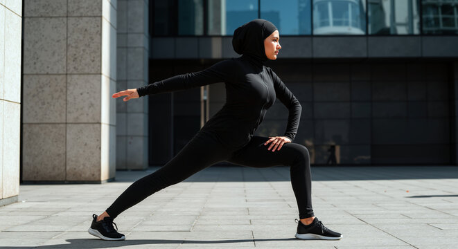 Muslim woman in black hijab and athletic wear stretching outdoors in urban setting. Modest fitness clothing and inclusive exercise concept