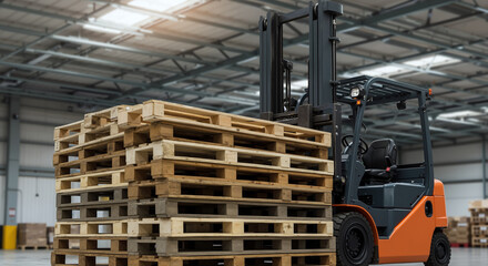 Orange forklift lifting wooden pallets in industrial warehouse with metal ceiling structure. Material handling equipment for logistics and storage operations