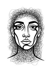 A mesmerizing line drawing of a woman&rsquo;s face featuring expressive contours and textured curls, perfect for contemporary art and design inspiration