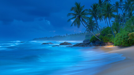 Fototapeta premium Tropical Beach Scene with Coconut Trees and Caribbean Sea