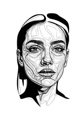 An artistic line drawing of a woman's face, featuring fluid contours and abstract shapes, ideal for modern design projects and creative expressions