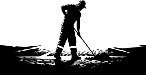 A striking black and white illustration of a tireless worker diligently sweeping the street, emphasizing essential urban maintenance and community pride