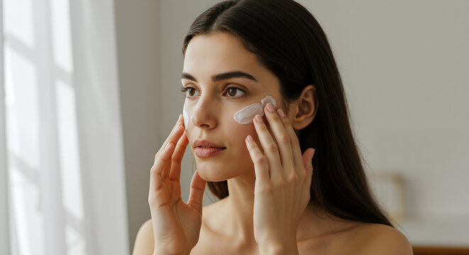 Woman applying white facial cream on cheek with gentle touch in bright bathroom interior. Skincare routine and beauty wellness with moisturizing product for healthy complexion