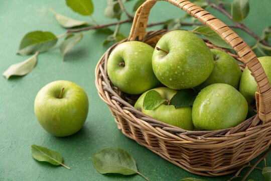 Tasty fresh green apples fruit in basket on green background - Powered by Adobe