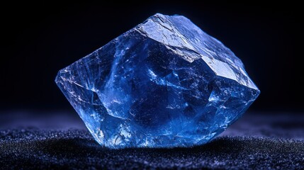 Vibrant blue crystal cube on dark surface