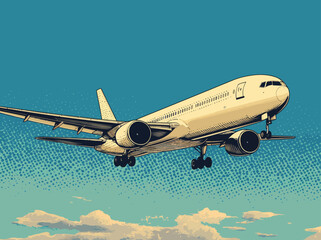 A pop art retro raster illustration depicts a passenger plane taking off, reminiscent of comic book style