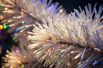 Close-up of white artificial Christmas garland with colorful lights in the background

