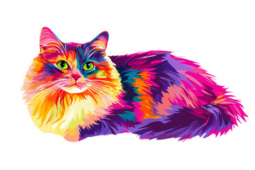 The image features a cat in a colorful pop art style with a plain white background, generated by stock