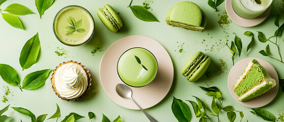 Top-down view of a flat lay with matcha-themed desserts, green macarons, a layered cake slice, and a latte with whipped cream, surrounded by mint leaves. 