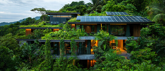 Obraz premium Modern multi-level house integrated into a dense forest, featuring large windows, green roofs with plants, and solar panels. Interior lights are on, and it’s set during dusk. Eco-friendly home ads, ar