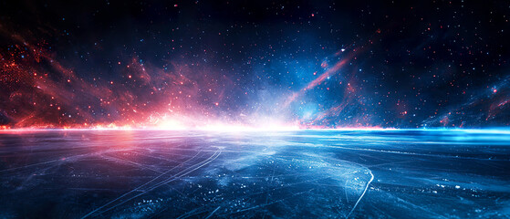 Futuristic abstract surface with ice-textured appearance, resembling a hockey rink with a starry sky and glowing blue and red horizon. Sports ads, sci-fi designs, or tech promotions. 