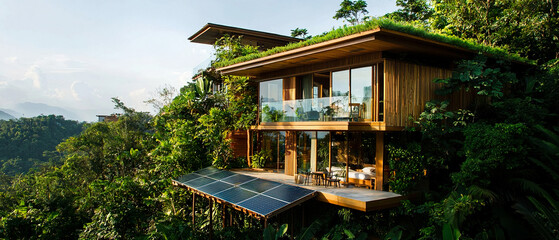 Fototapeta premium Modern multi-level house integrated into a dense forest, featuring large windows, green roofs with plants, and solar panels. Interior lights are on, and it’s set during dusk. Eco-friendly home ads, ar