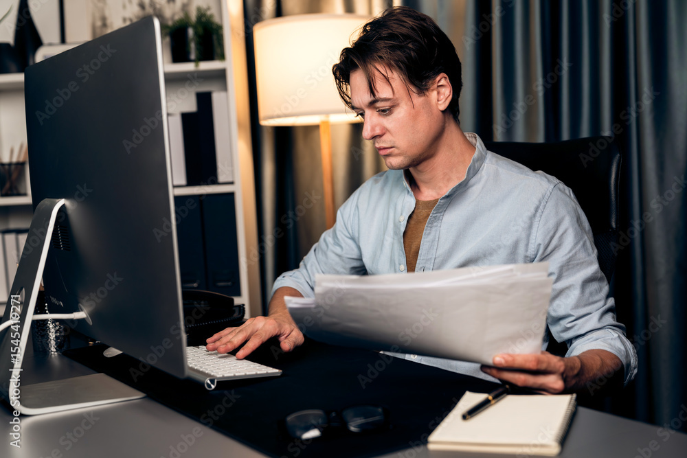 Poster smart businessman typing with keyboard on monitor with business paragraph dynamic data marketing ana