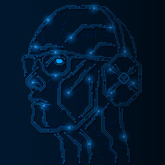 A man with glasses and headphones. Simulation of the connection structure of the circuit tracks. A symbiosis of artificial intelligence, neural network and digital thinking.