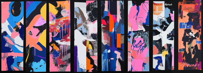 The series consists of four posters, each boasting unique patterns and colors, including bold black lines and paint splatters, arranged in a playful and abstract design