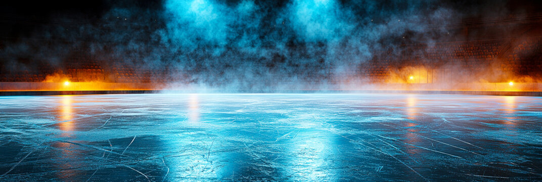 Hockey ice rink with a textured surface, covered in mist and illuminated by blue and orange neon lights. The arena is empty. Sports ads, event promotions, hockey competition,