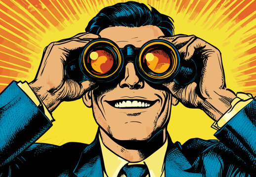 A happy man is depicted using binoculars in a modern pop art illustration