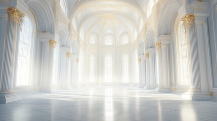 Obraz premium Elegant white palace grand hall with golden accents and large windows